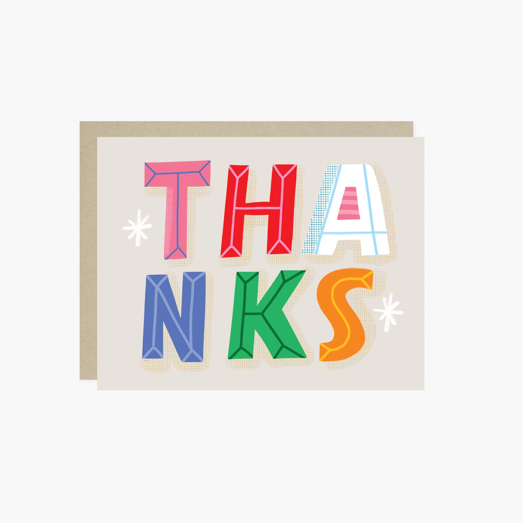 A colorful thank you greeting card with the text 'THANKS' in bold, block letters, each letter a different color, on a beige background.