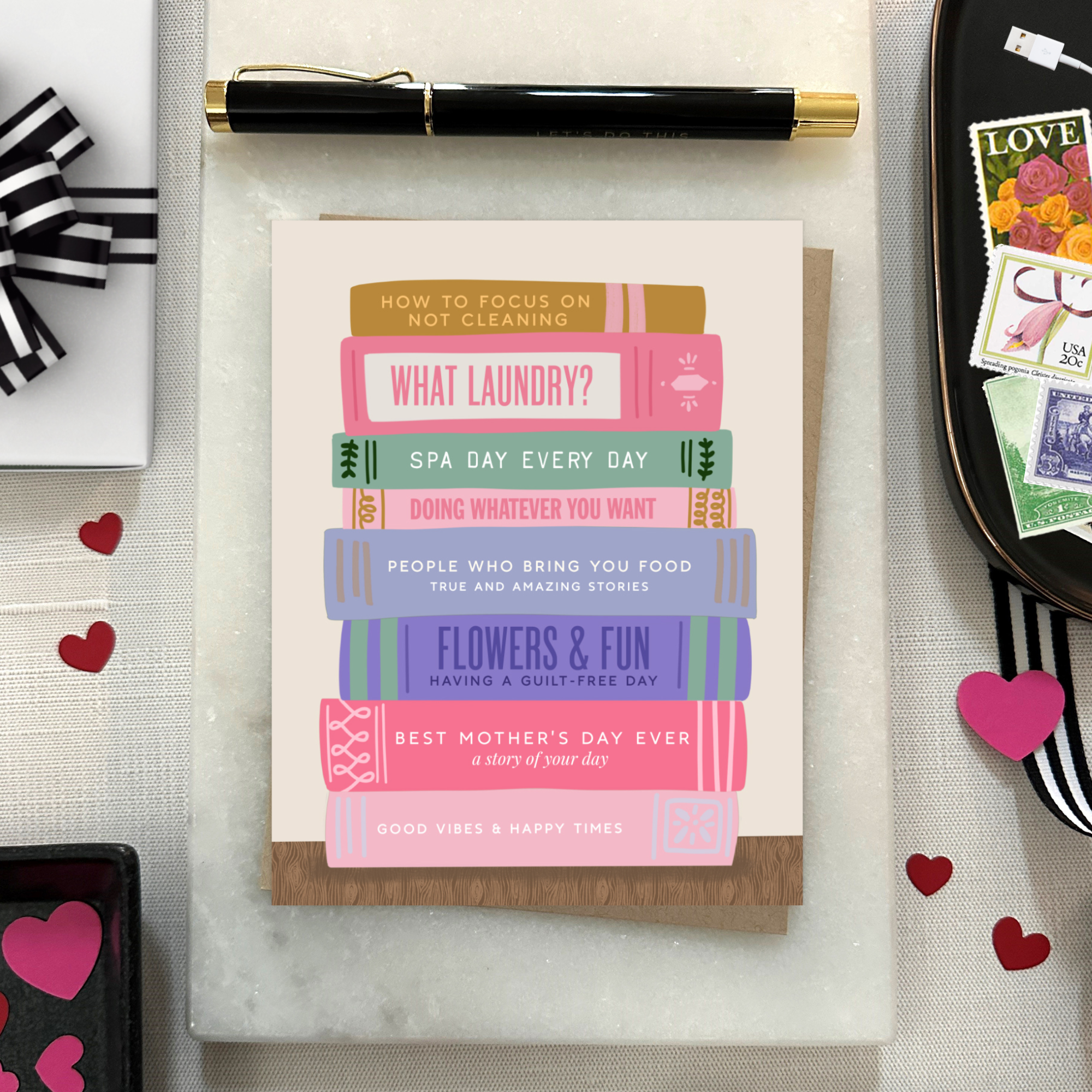 Mother's day card with a stack of books that all have humorous names