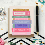 Mother's day card with a stack of books that all have humorous names