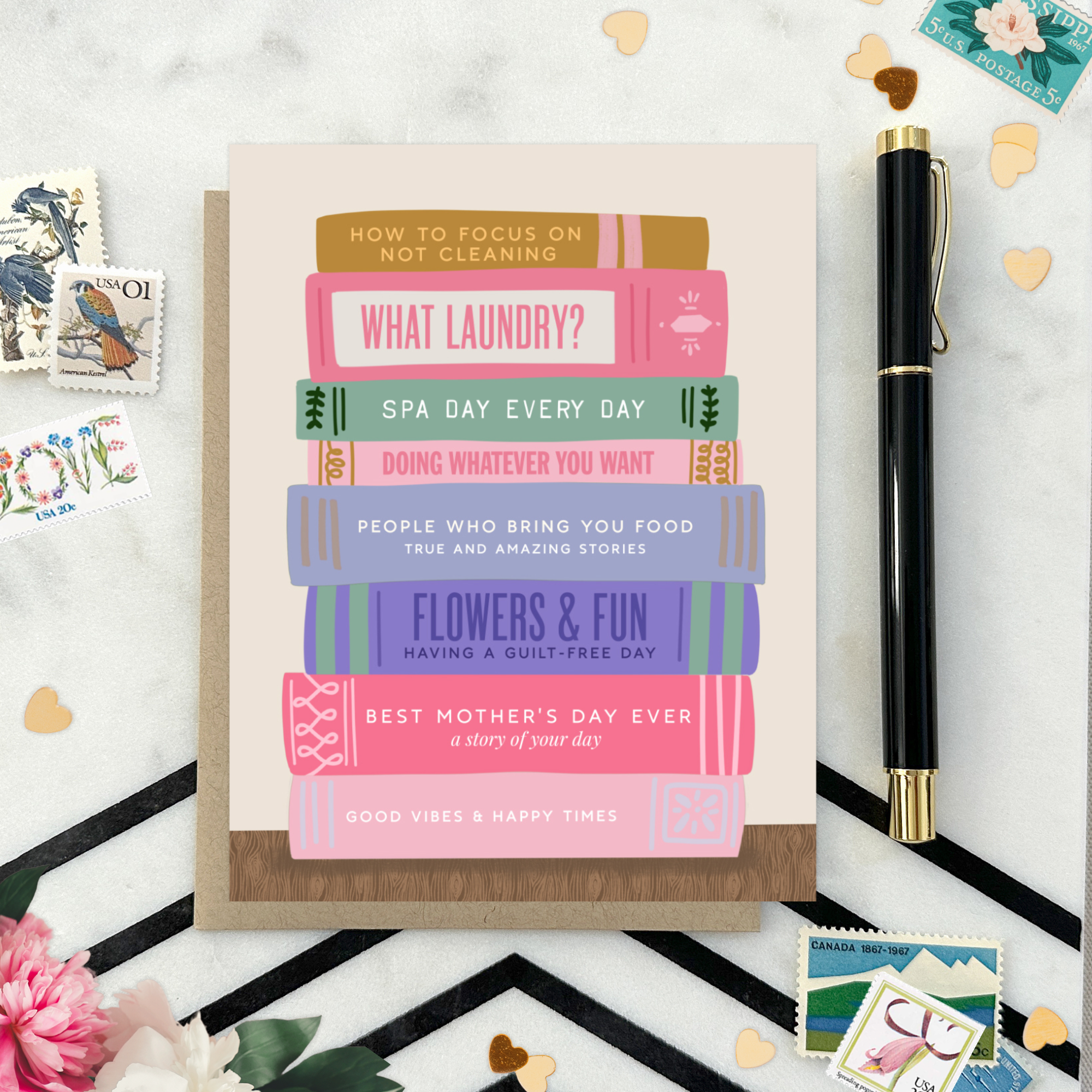 Mother's day card with a stack of books that all have humorous names