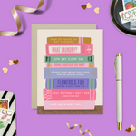 Mother's day card with a stack of books that all have humorous names