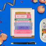 Mother's day card with a stack of books that all have humorous names