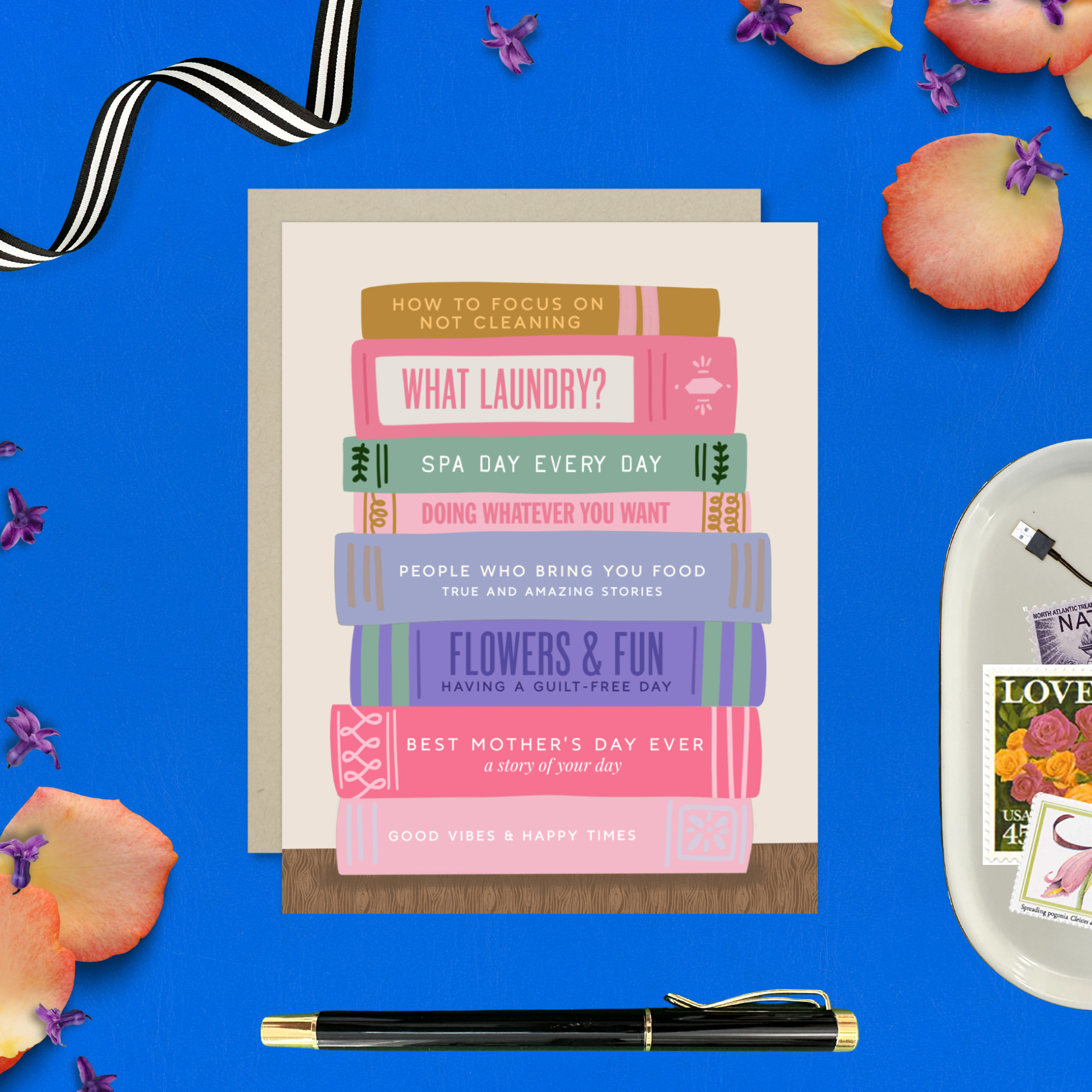 Mother's day card with a stack of books that all have humorous names