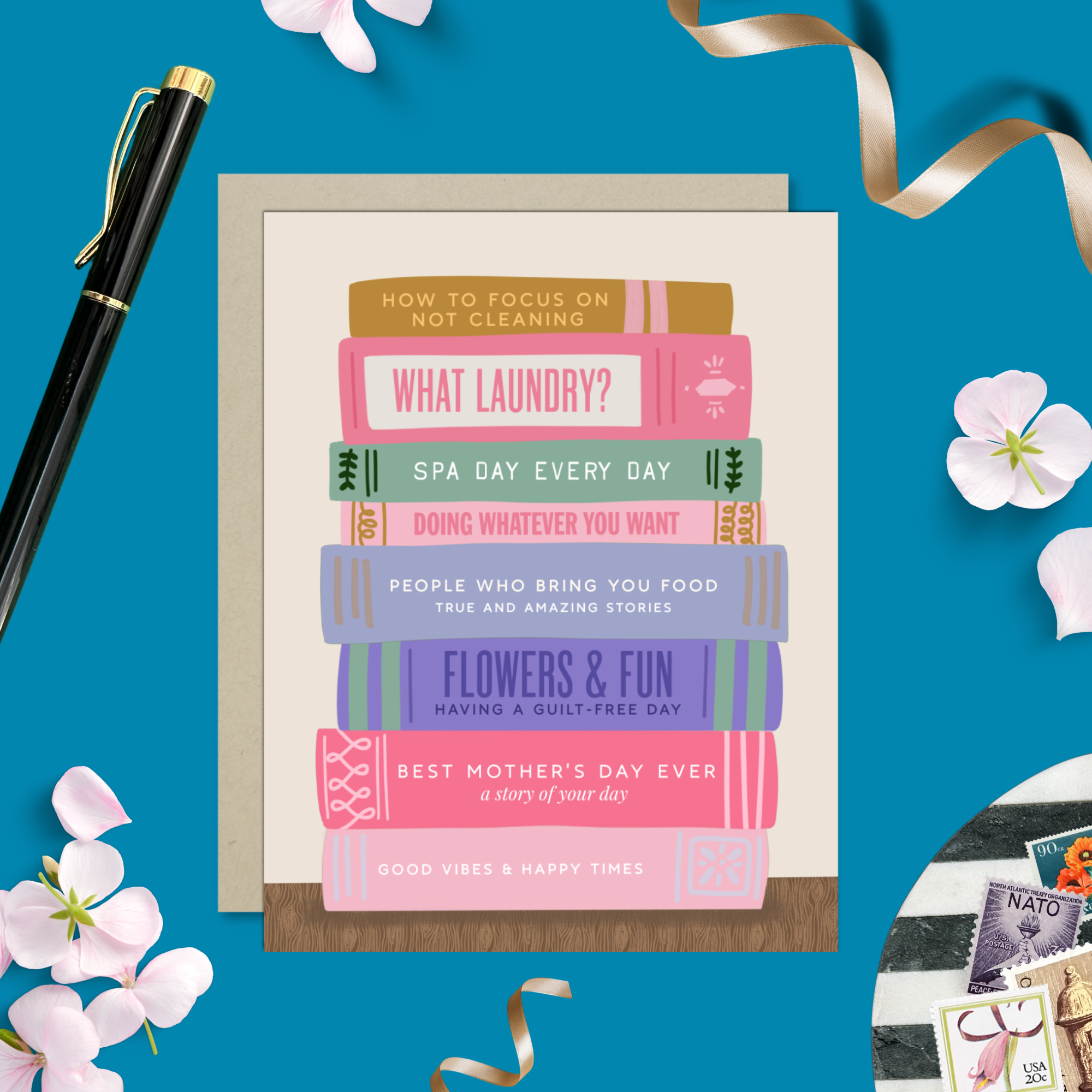 Mother's day card with a stack of books that all have humorous names