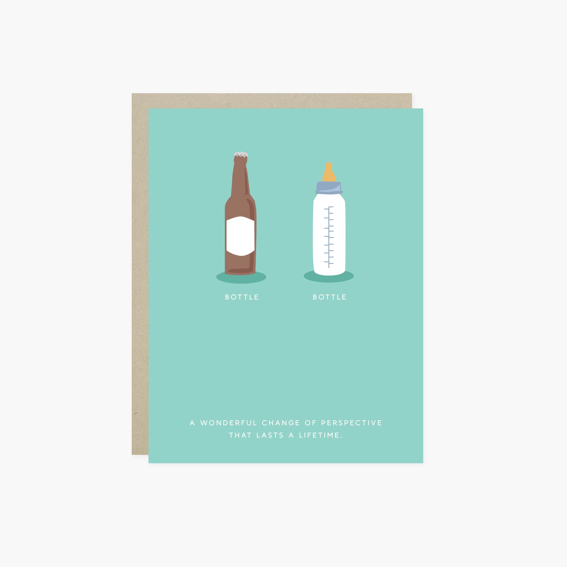 Baby greeting card with beer and baby bottle and 'a wonderful change of perspective that lasts a lifetime' text