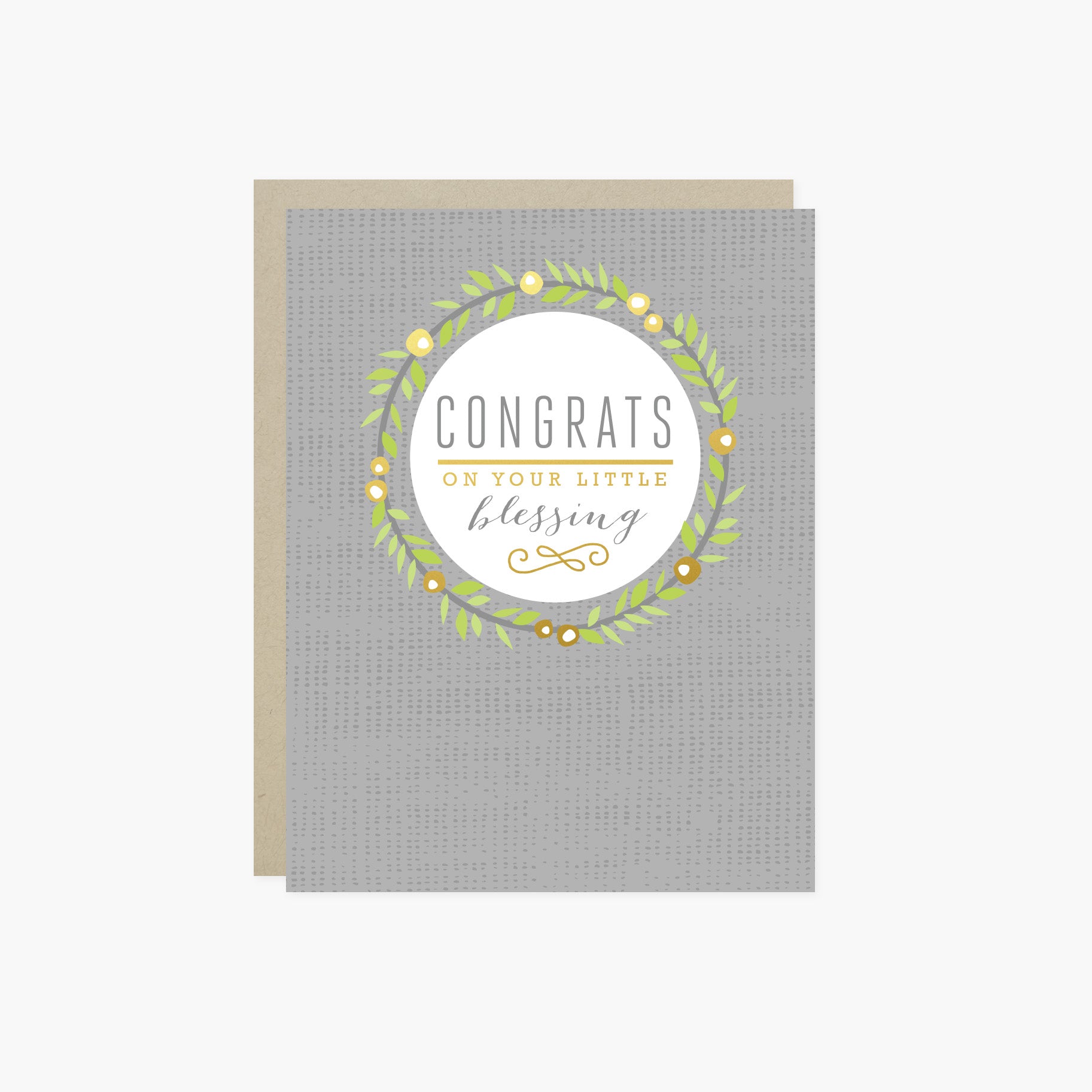 Baby greeting card with wreath and 'congrats on your little blessing' text