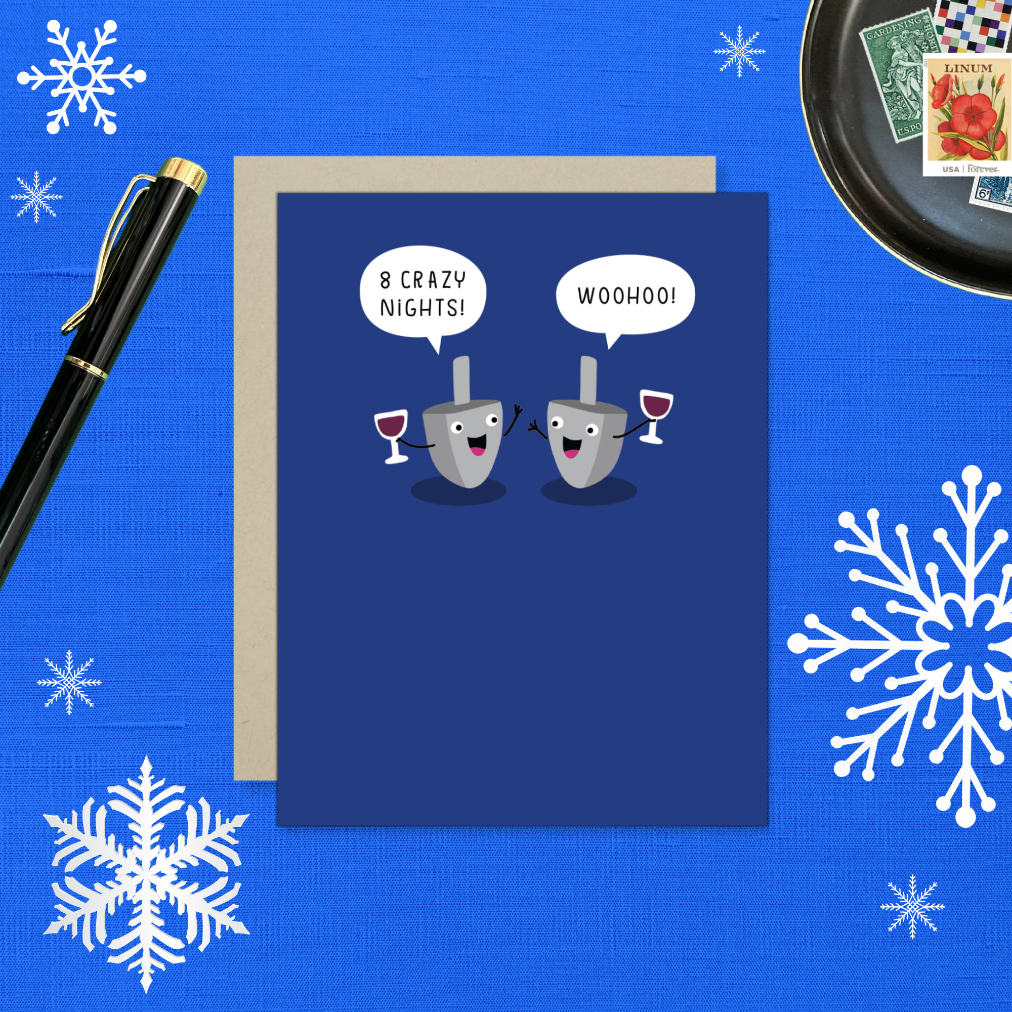 Hannukah greeting card with 2 dreidels drinking. One is saying '8 crazy nights' the other says 'woohoo!'