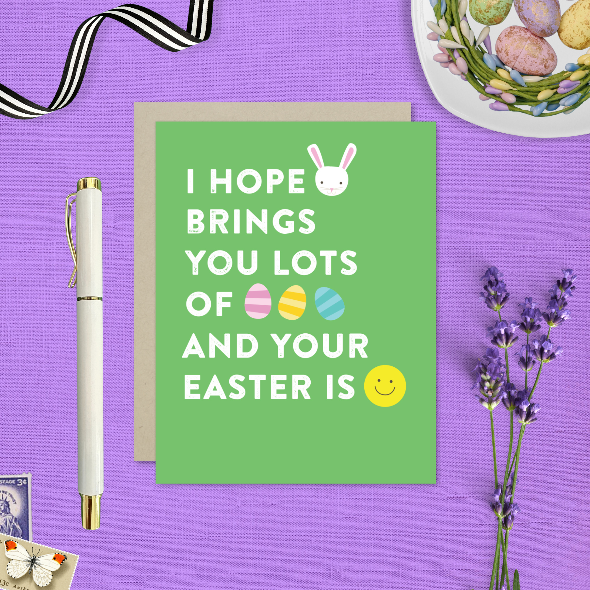 easter greeting card with text 'I hope your (bunny emoji) brings you lots of (egg emoji) and your easter is (smile emoji'