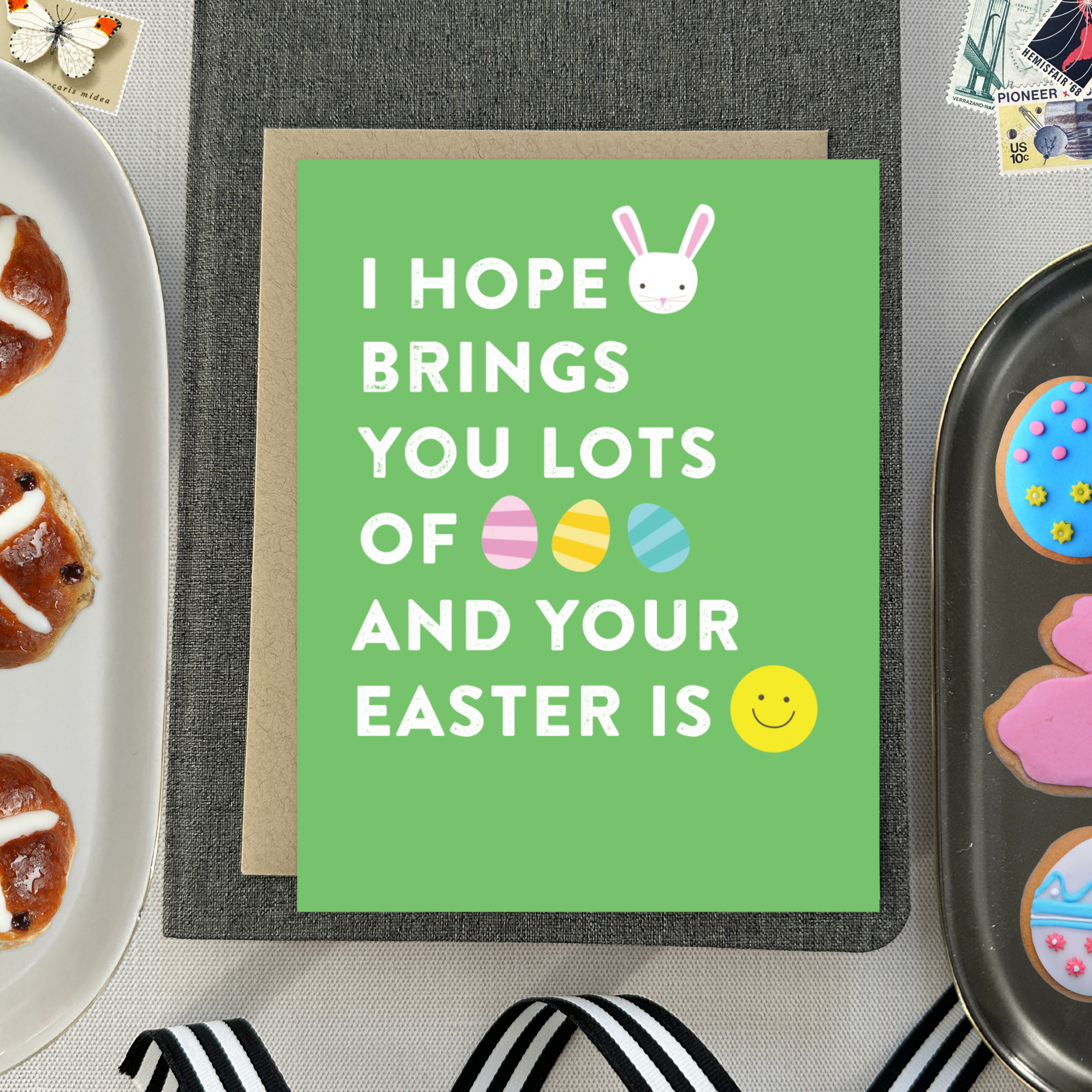 easter greeting card with text 'I hope your (bunny emoji) brings you lots of (egg emoji) and your easter is (smile emoji'