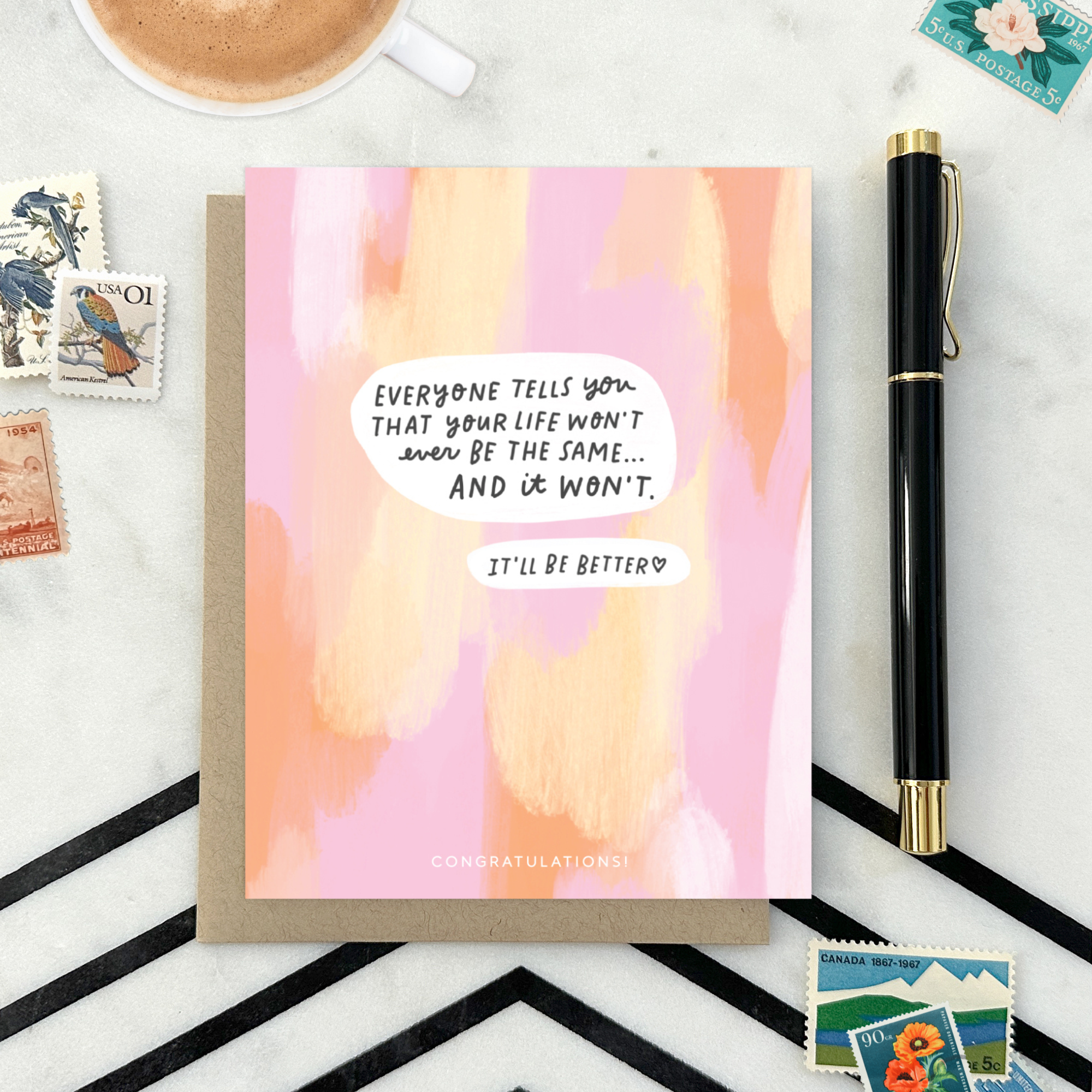 Baby greeting card with paint smear background and 'everyone tells you that your life won't ever be the same...' text