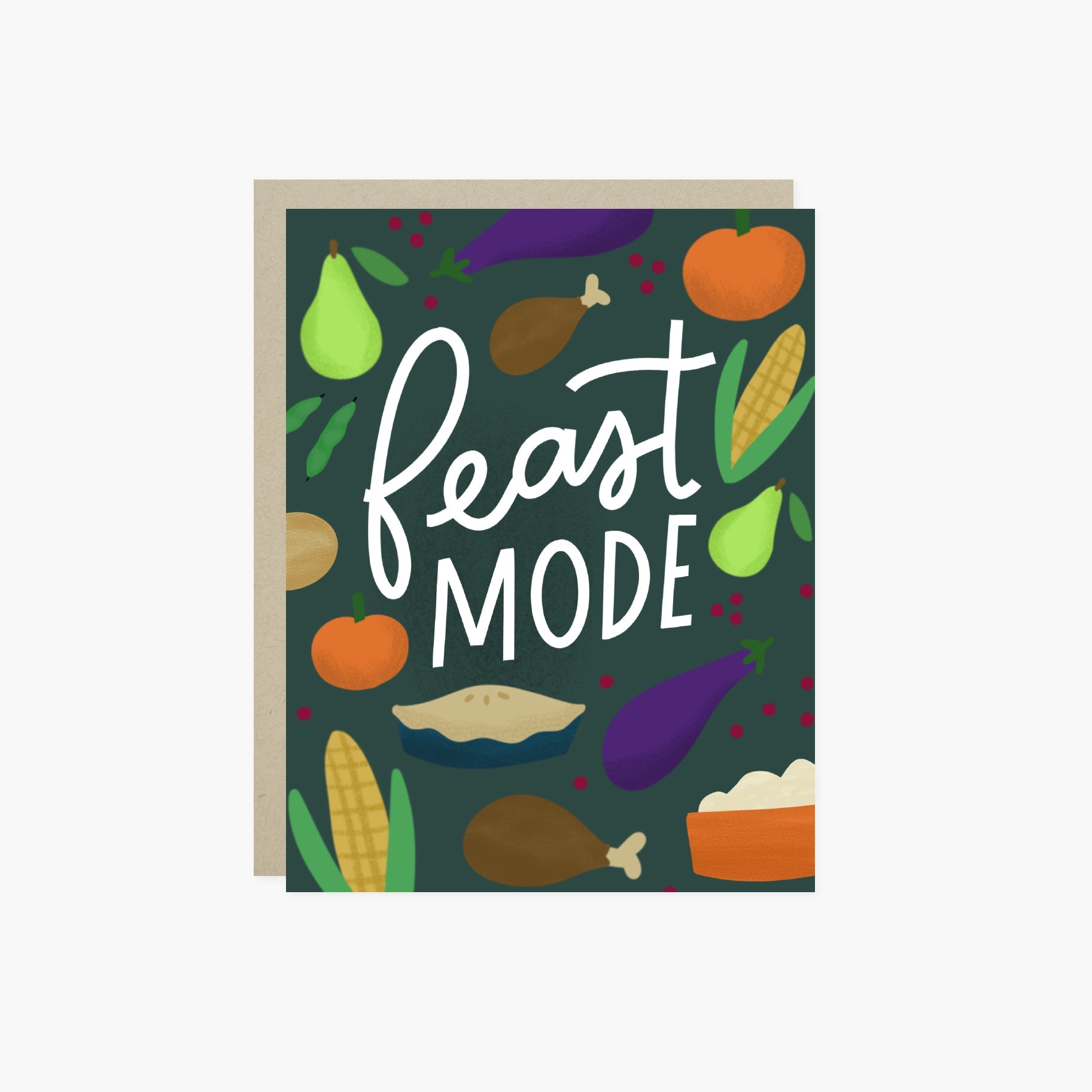 A playful Thanksgiving greeting card with colorful illustrated food items and the text 'Feast Mode' displayed prominently.