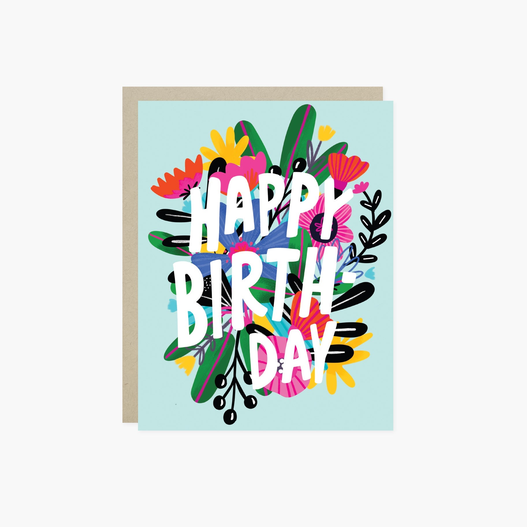A colorful birthday greeting card with a floral design and the text 'HAPPY BIRTHDAY' on a light blue background.