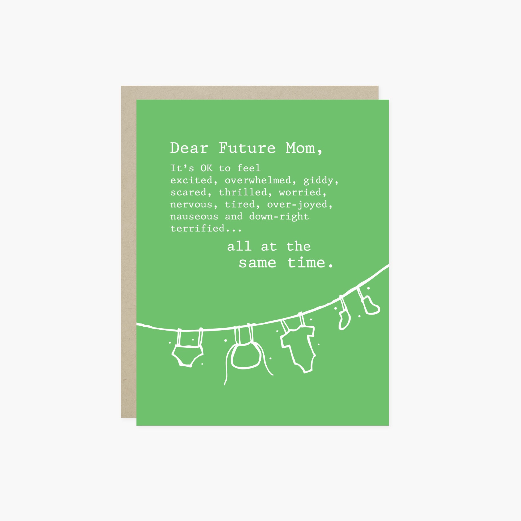 Baby greeting card with clothes hanging and 'dear future mom...' text