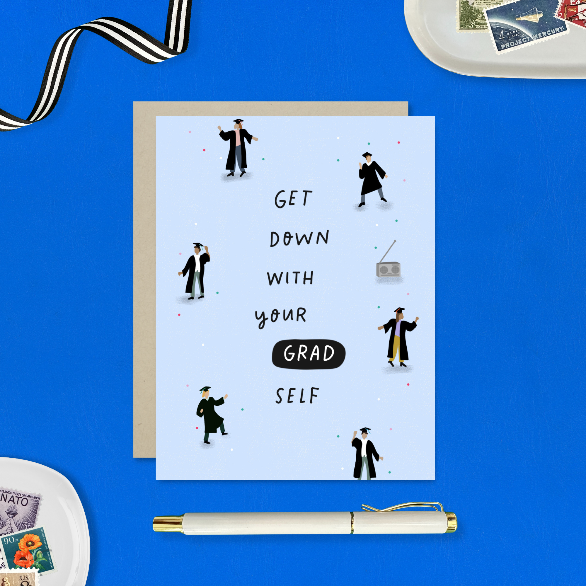 graduation greeting card with people dancing text 'get down with your grad self'