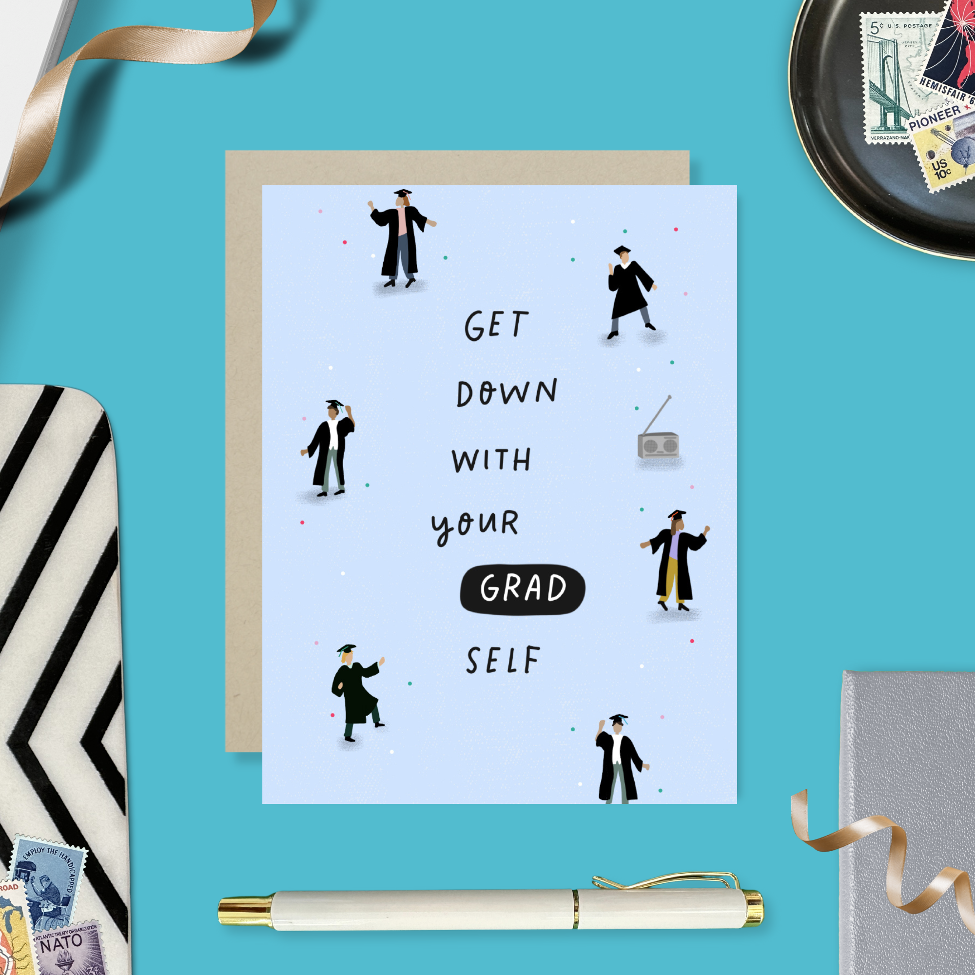 graduation greeting card with people dancing text 'get down with your grad self'