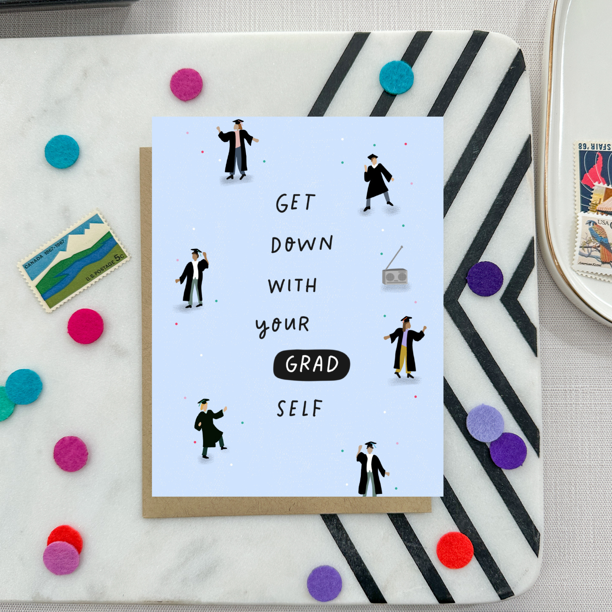 graduation greeting card with people dancing text 'get down with your grad self'