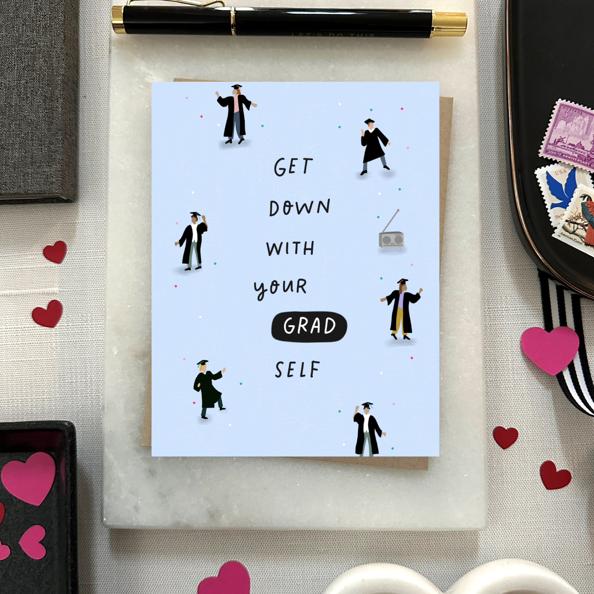 graduation greeting card with people dancing text 'get down with your grad self'