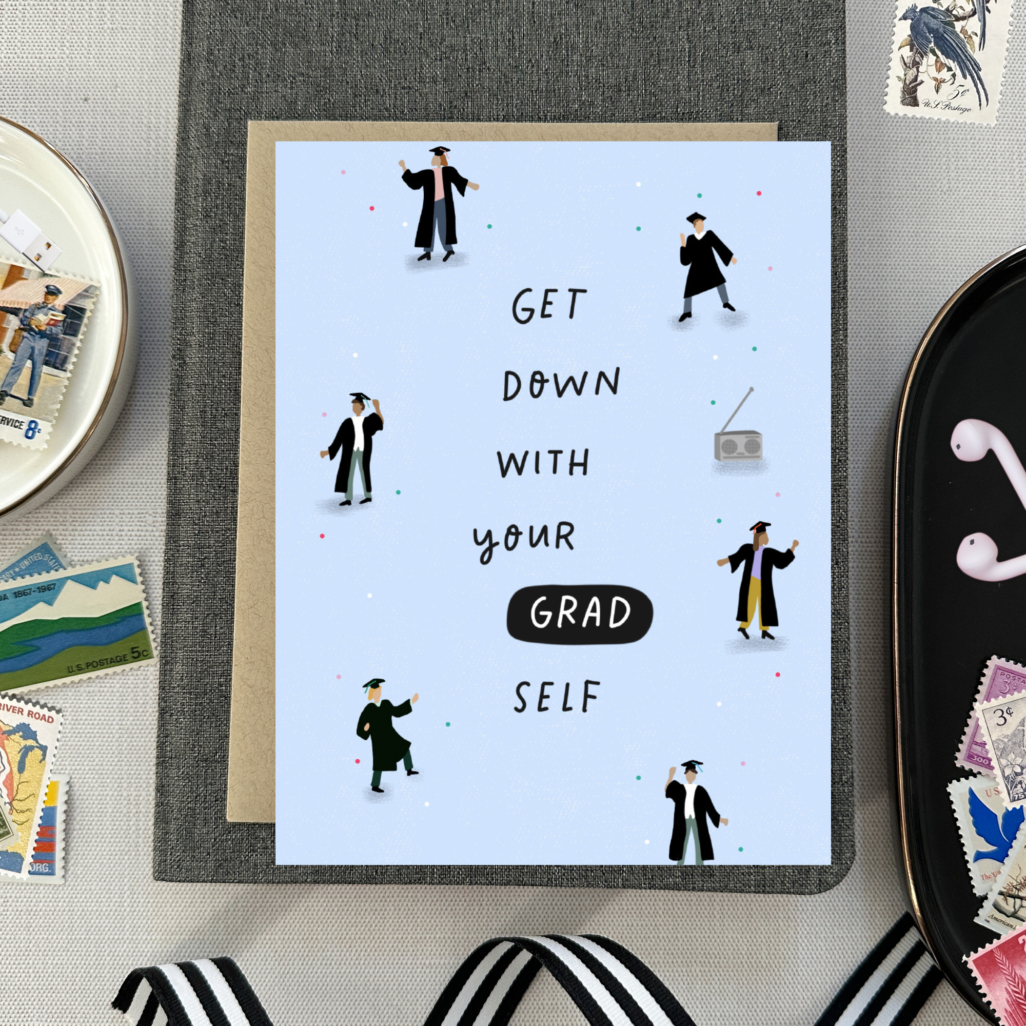 graduation greeting card with people dancing text 'get down with your grad self'