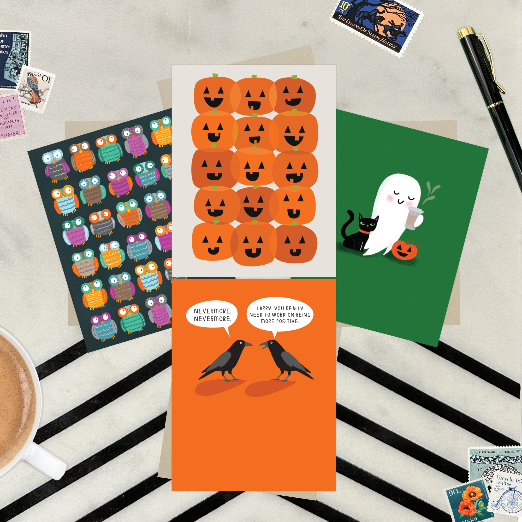Halloween-themed cards featuring an adorable ghost with black cat and coffee, one with 2 funny ravens saying "Nevermore," one with a jack-o-lantern pattern, and one with an owl pattern and stamps on a striped surface with a cup of coffee.