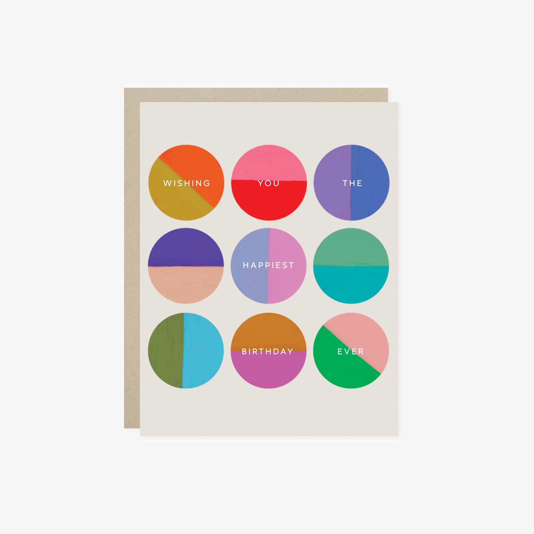 A colorful birthday greeting card with multiple circles in different shades, each containing a wish for the recipient's happiest birthday ever