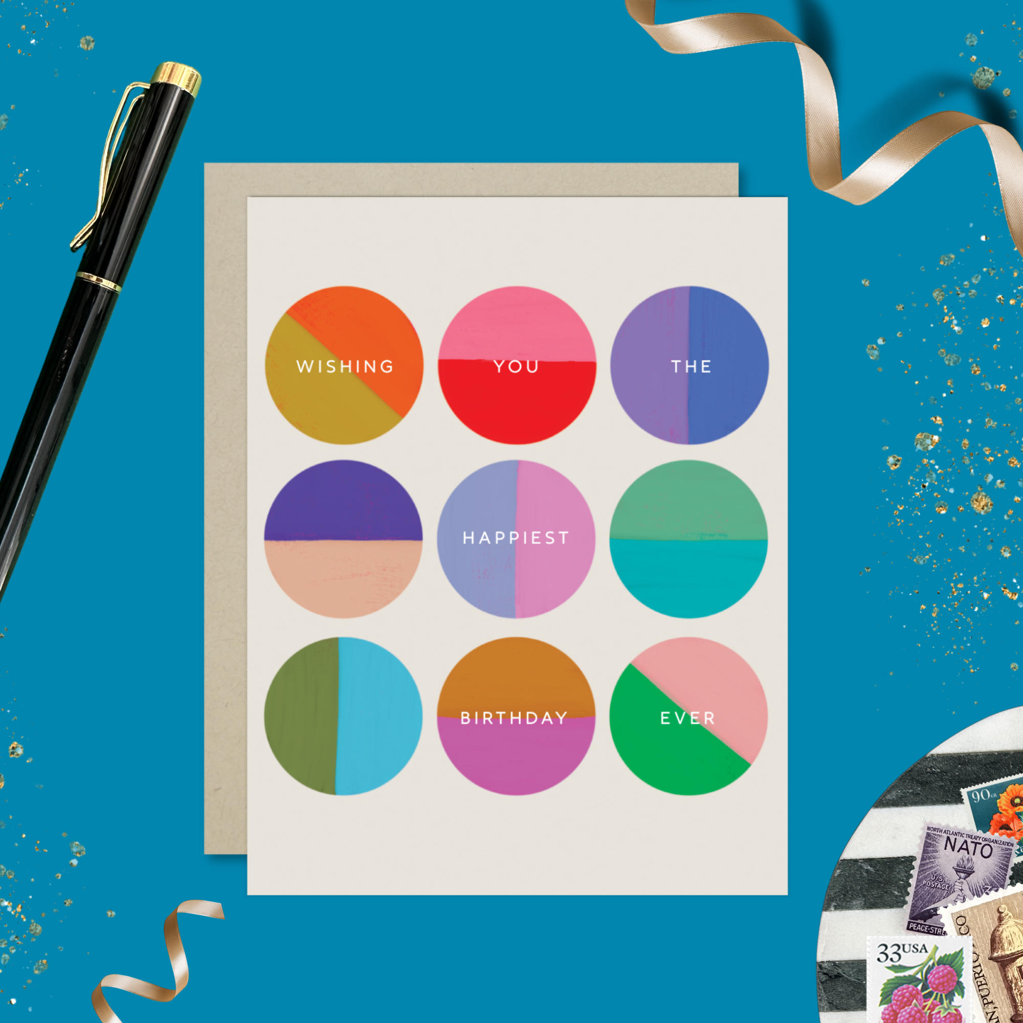 A colorful birthday greeting card with multiple circles in different shades, each containing a wish for the recipient's happiest birthday ever