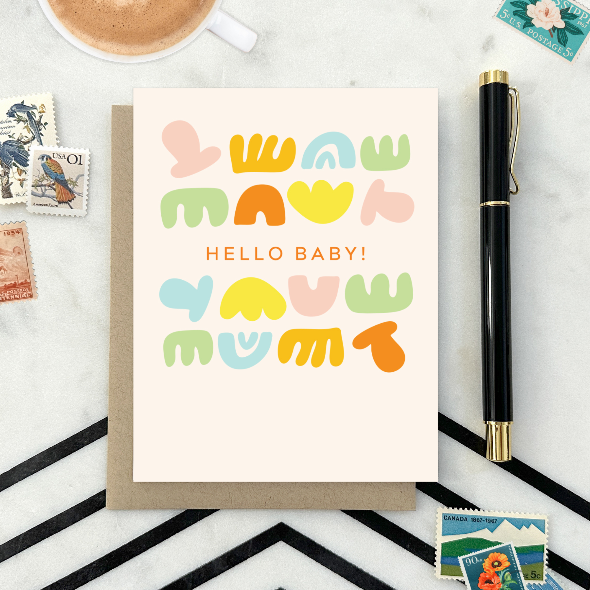 Baby greeting card with colorful shapes and 'hello baby!' text