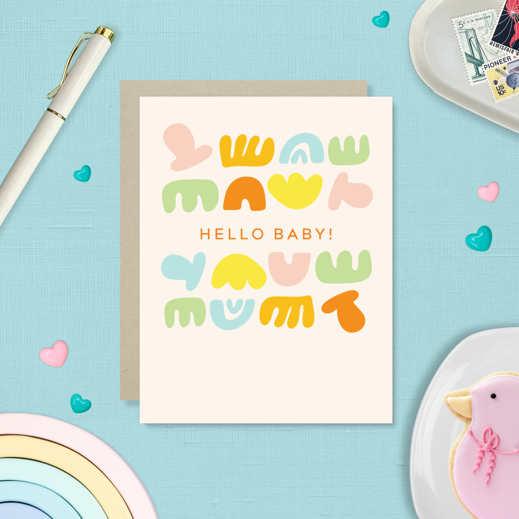 Baby greeting card with colorful shapes and 'hello baby!' text