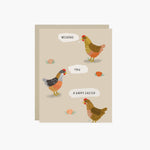 Easter greeting card with 3 chickens and 3 eggs with the text 'wishing you a happy easter