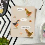 Easter greeting card with 3 chickens and 3 eggs with the text 'wishing you a happy easter