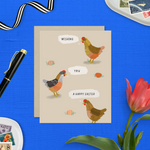 Easter greeting card with 3 chickens and 3 eggs with the text 'wishing you a happy easter