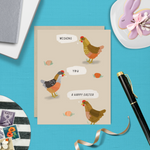 Easter greeting card with 3 chickens and 3 eggs with the text 'wishing you a happy easter