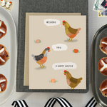 Easter greeting card with 3 chickens and 3 eggs with the text 'wishing you a happy easter