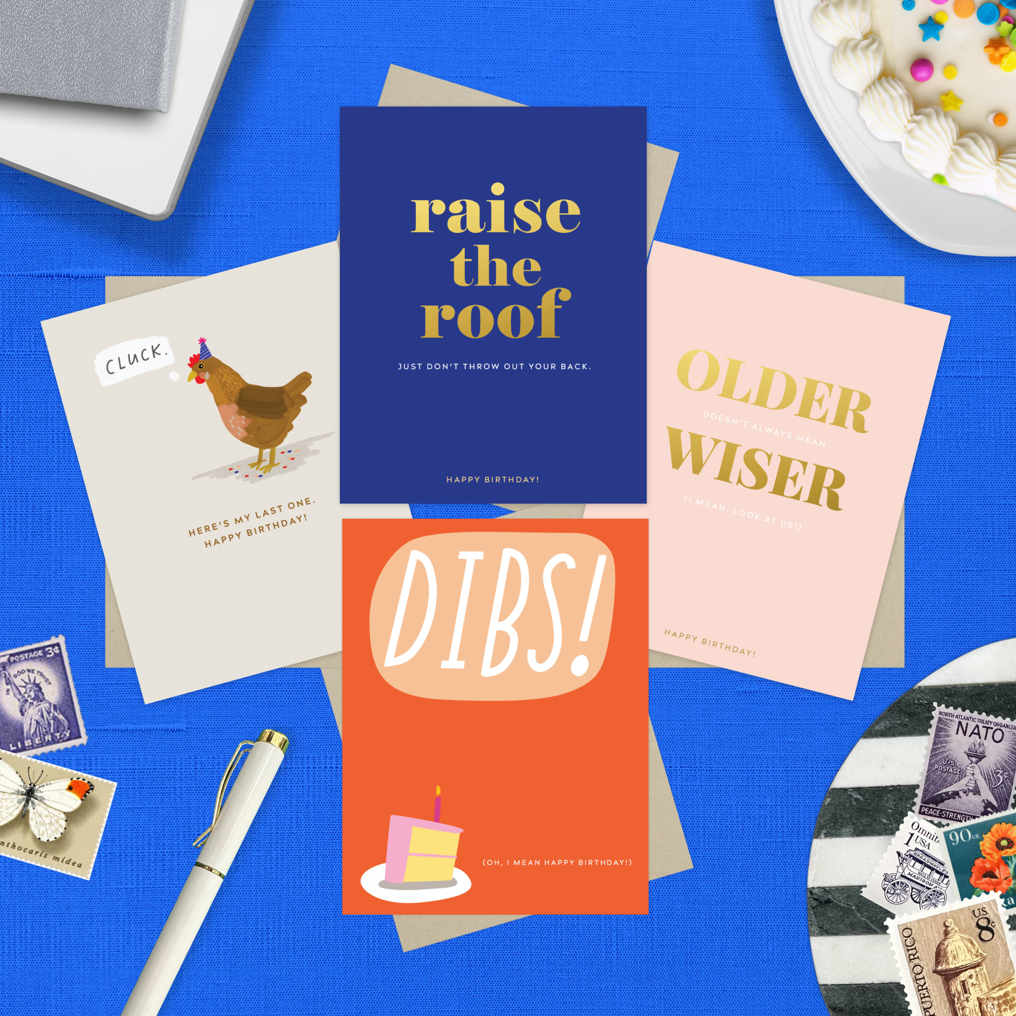 4-pack of funny birthday cards created by Barone & Co. featuring a chicken's last cluck, raise the roof but don't throw your back out, older but not wiser, and dibs on your birthday cake