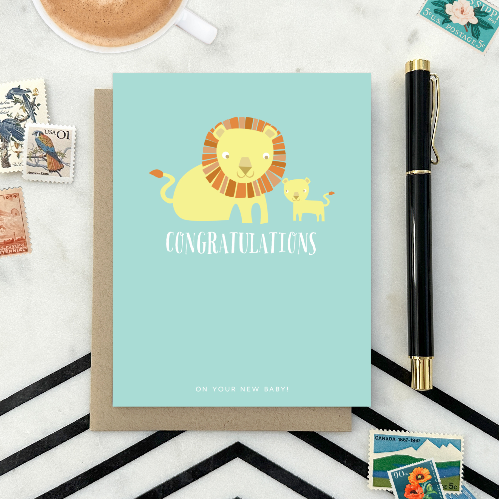 Baby greeting card with 2 lions and 'congratulations' text