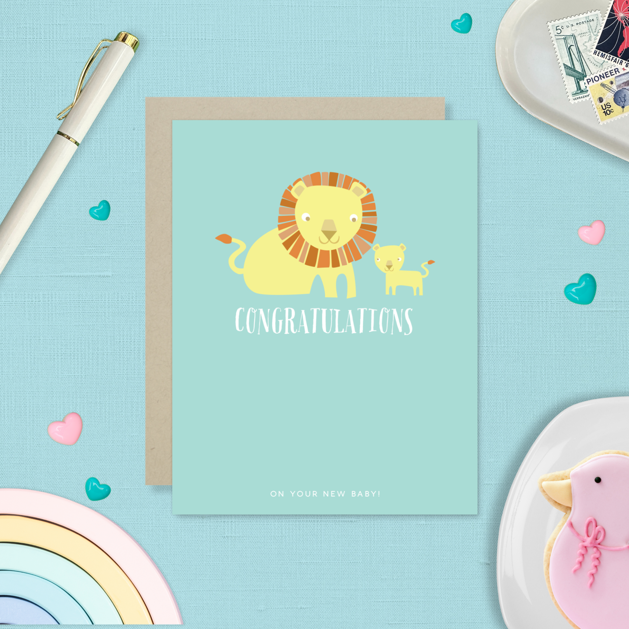 Baby greeting card with 2 lions and 'congratulations' text