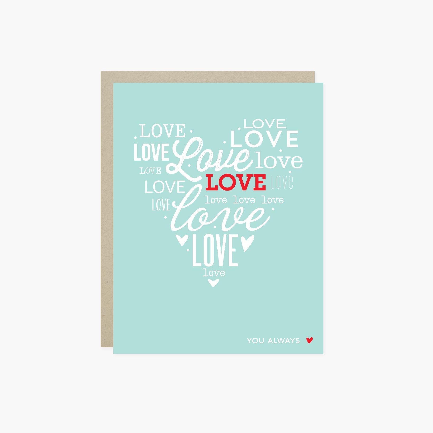 A heart-shaped Valentine's Day greeting card with the word 'love' arranged in a heart pattern using different fonts on a teal background, with a brown envelope.