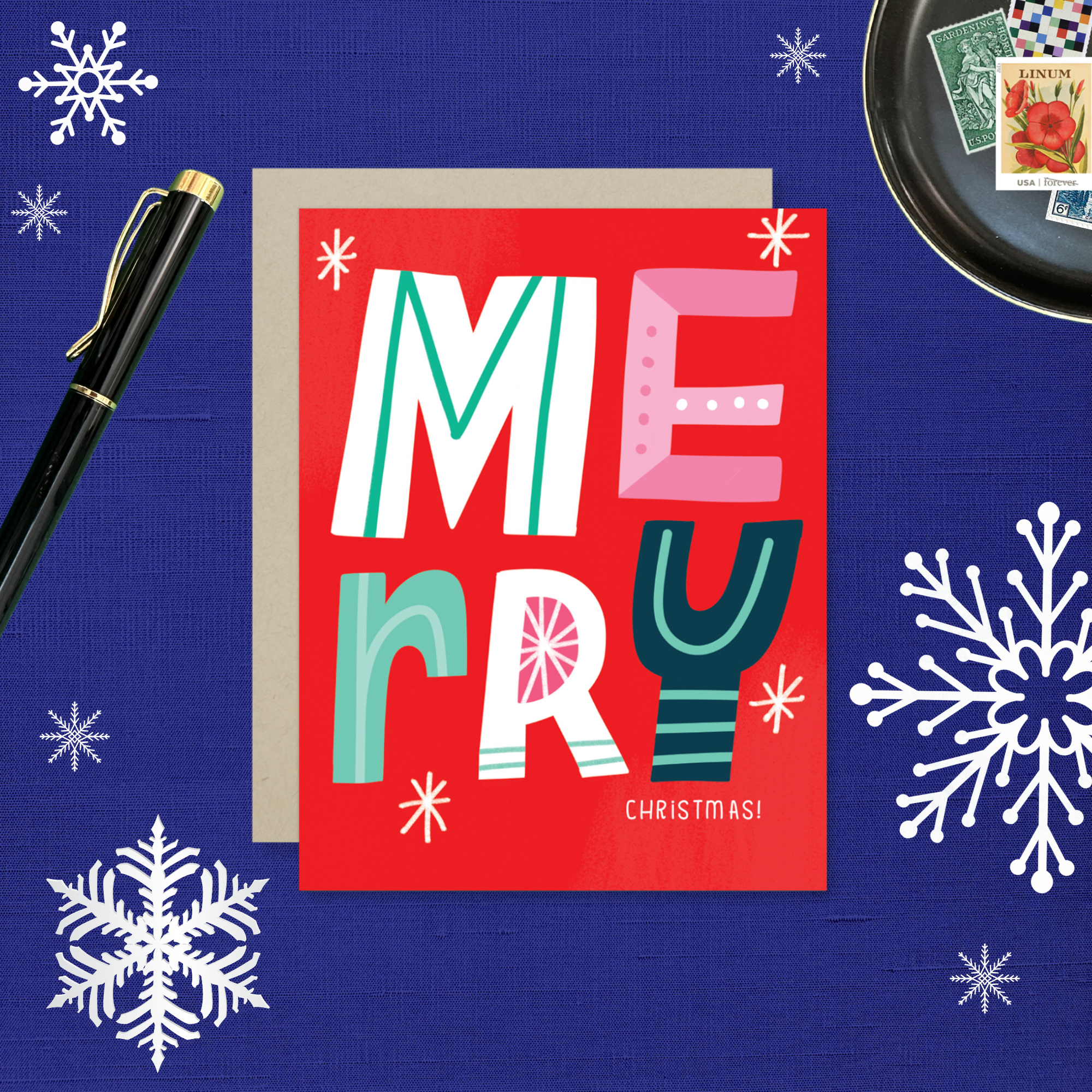 A festive Christmas greeting card with the word 'Merry' written in colorful, decorative lettering on a red background, with 'Christmas' written below.