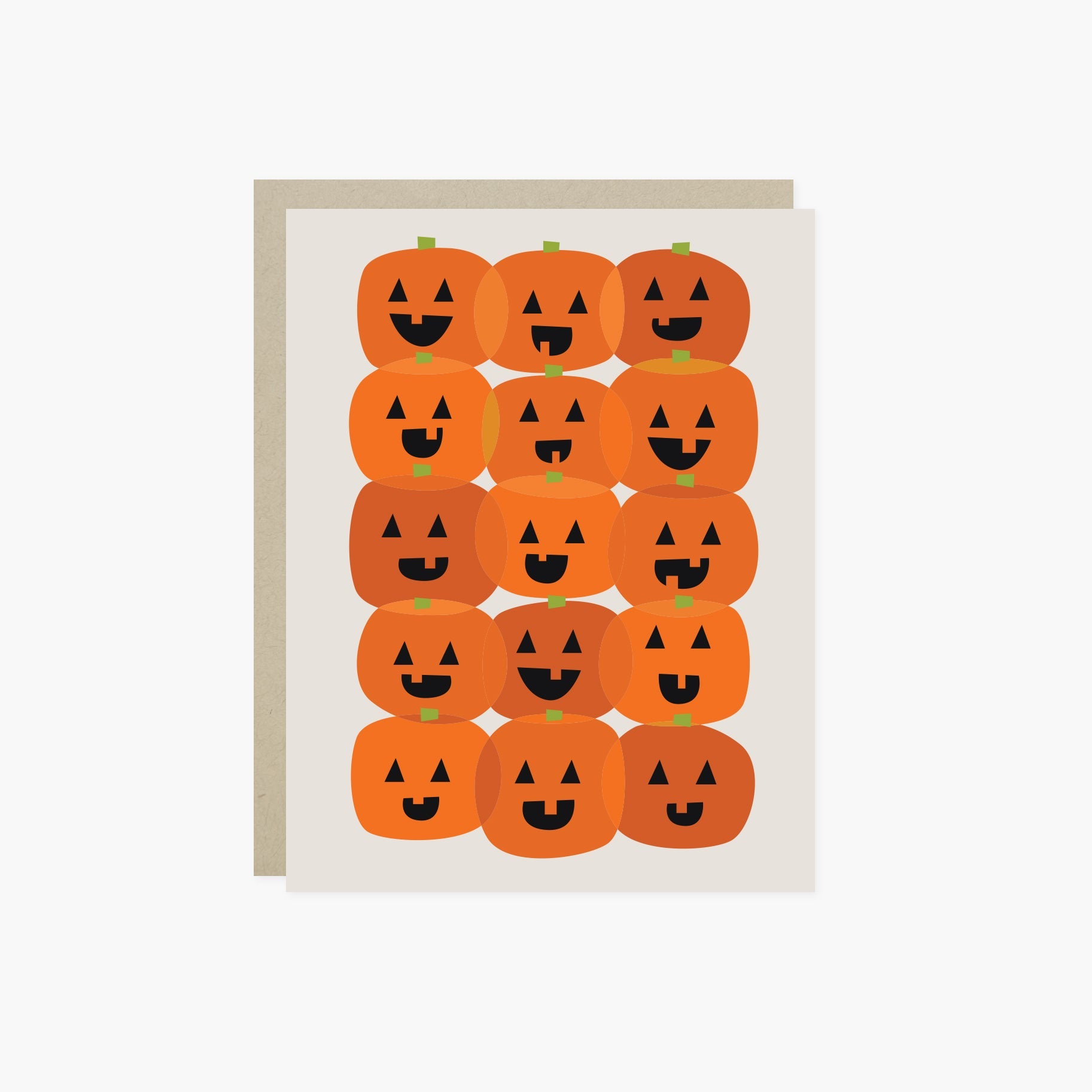 A Halloween greeting card featuring a two-dimensional, stylized graphic of multiple orange jack-o'-lanterns with various facial expressions.