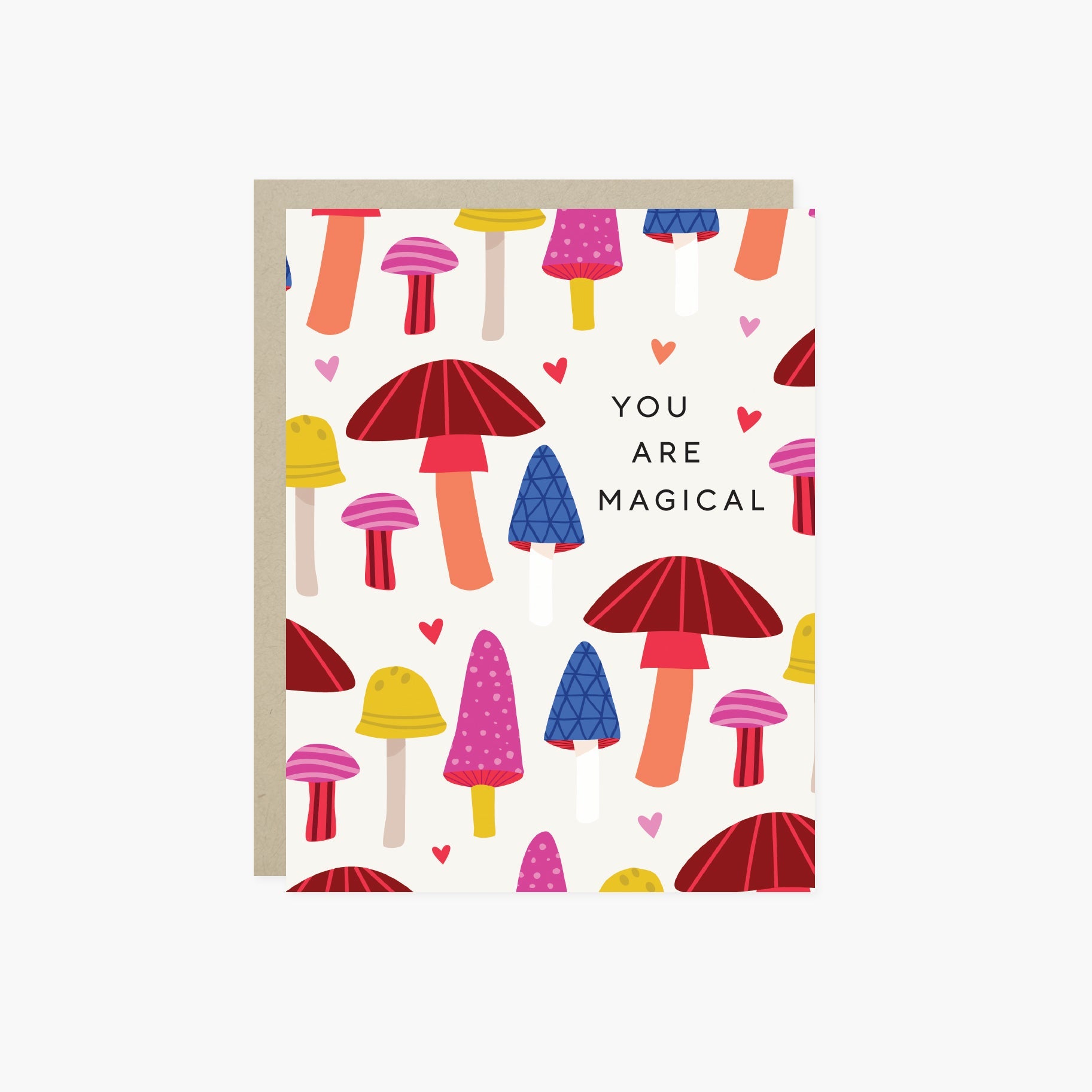A colorful Valentine's Day greeting card with illustrated mushrooms and the text 'YOU ARE MAGICAL' on it.