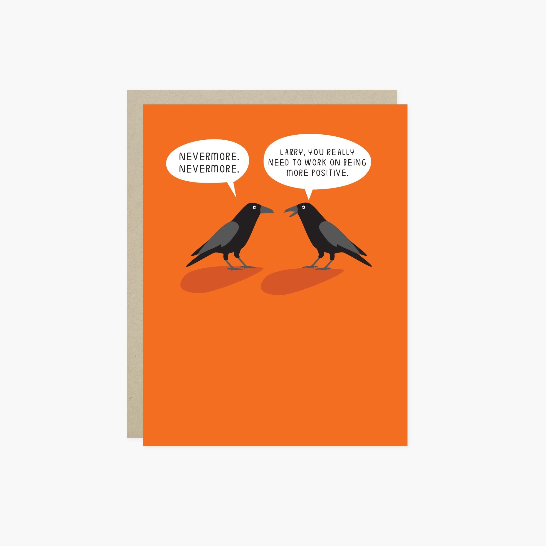 A halloween greeting card with two illustrated ravens on an orange background. One raven is speaking with the phrase 'Nevermore.'
