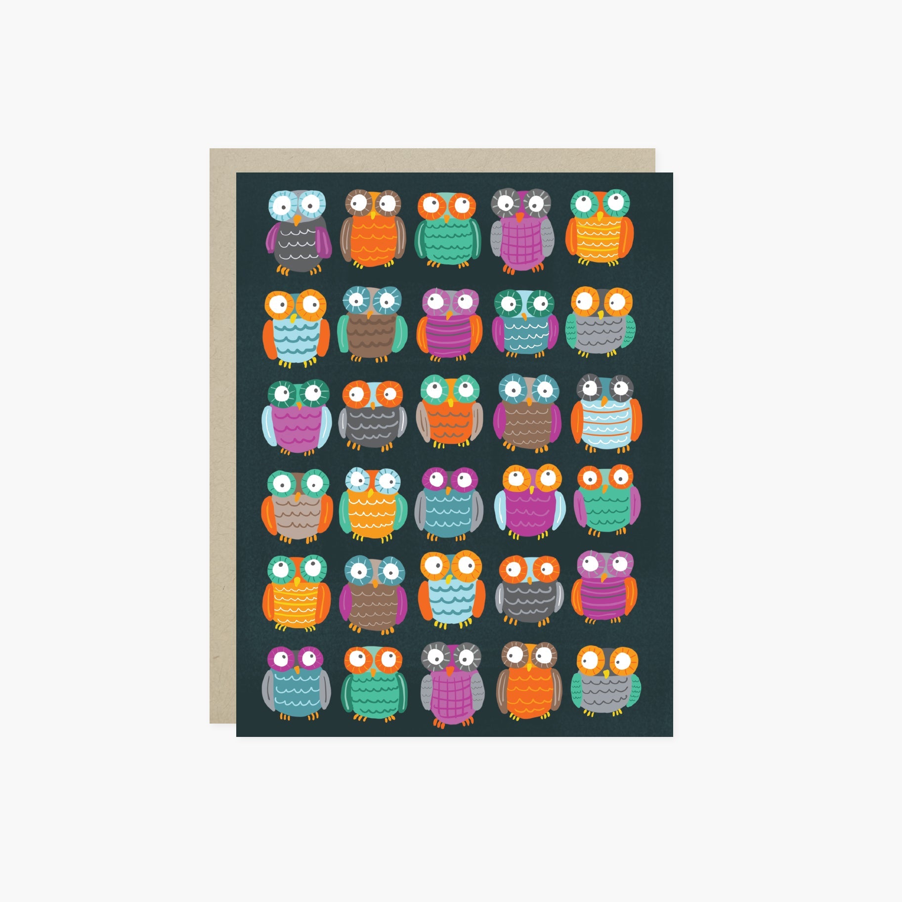 A Halloween greeting card featuring a grid of colorful illustrated owls on a gray background.