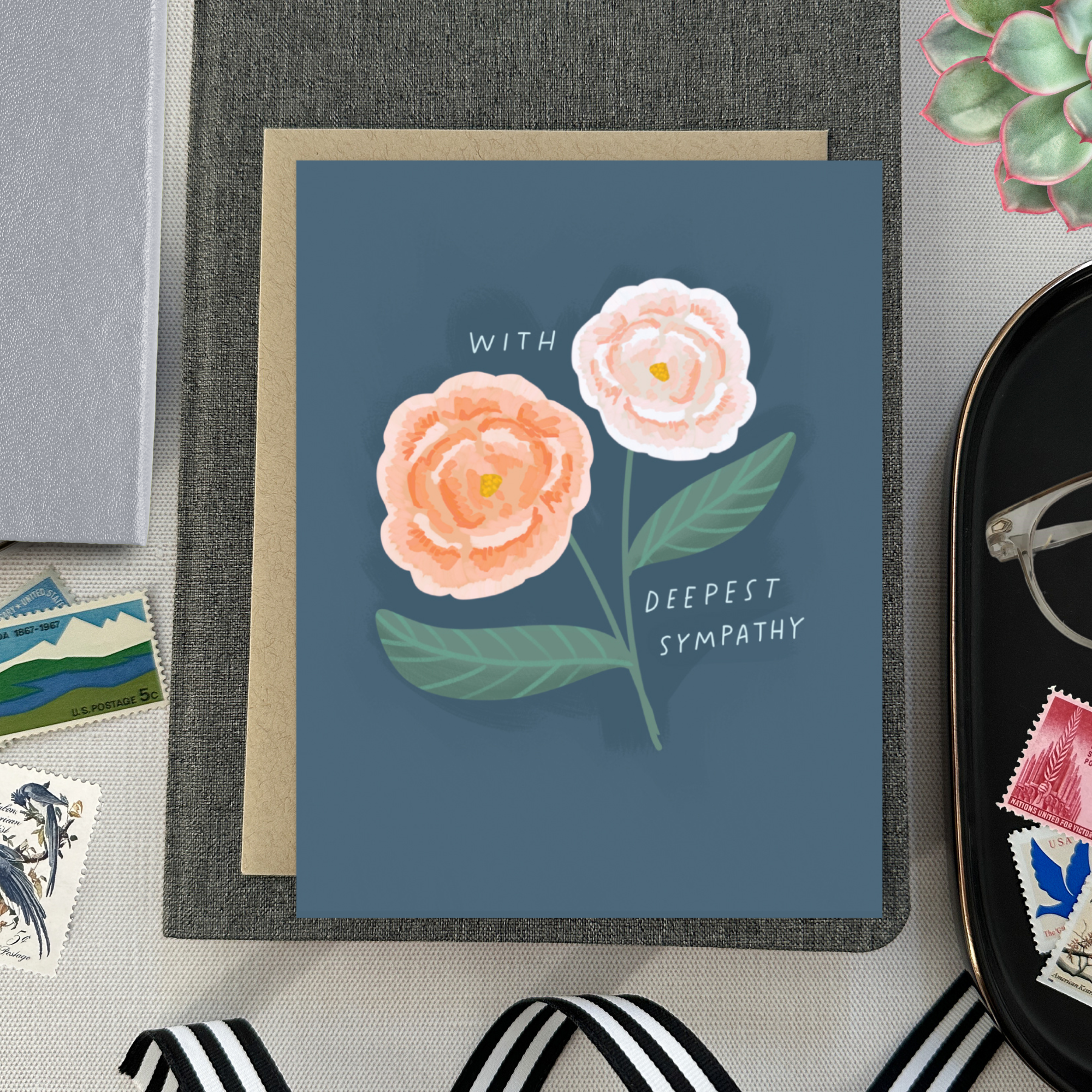Sympathy greeting card with 2 flowers and 'with deepest sympathy' text