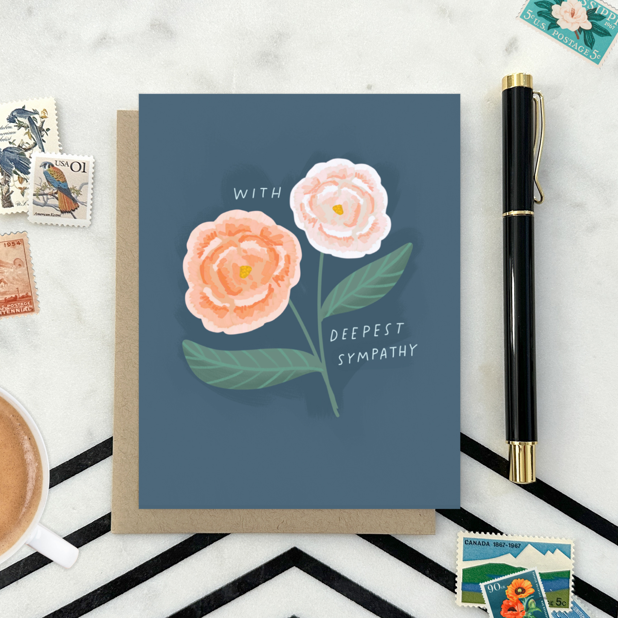 Sympathy greeting card with 2 flowers and 'with deepest sympathy' text