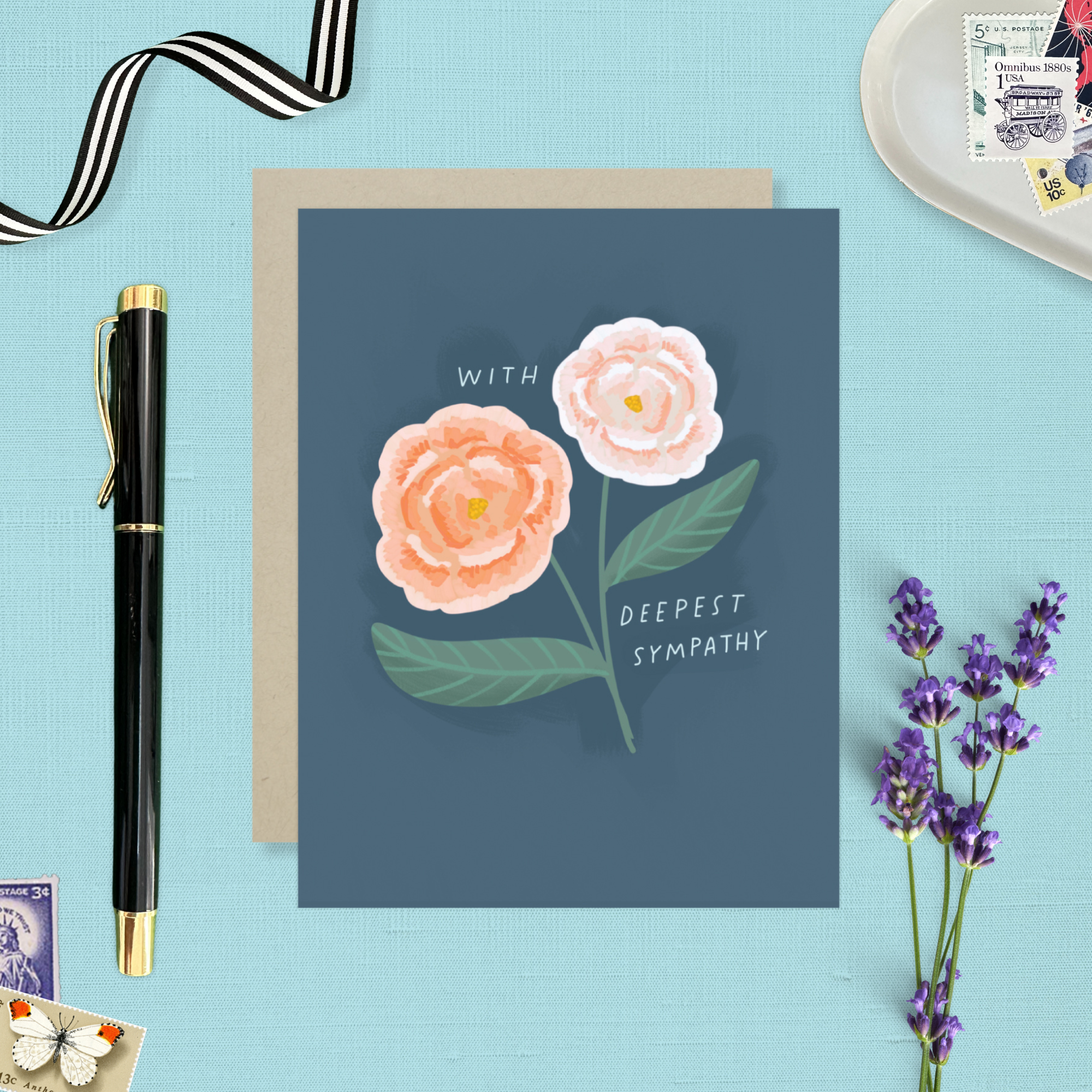 Sympathy greeting card with 2 flowers and 'with deepest sympathy' text