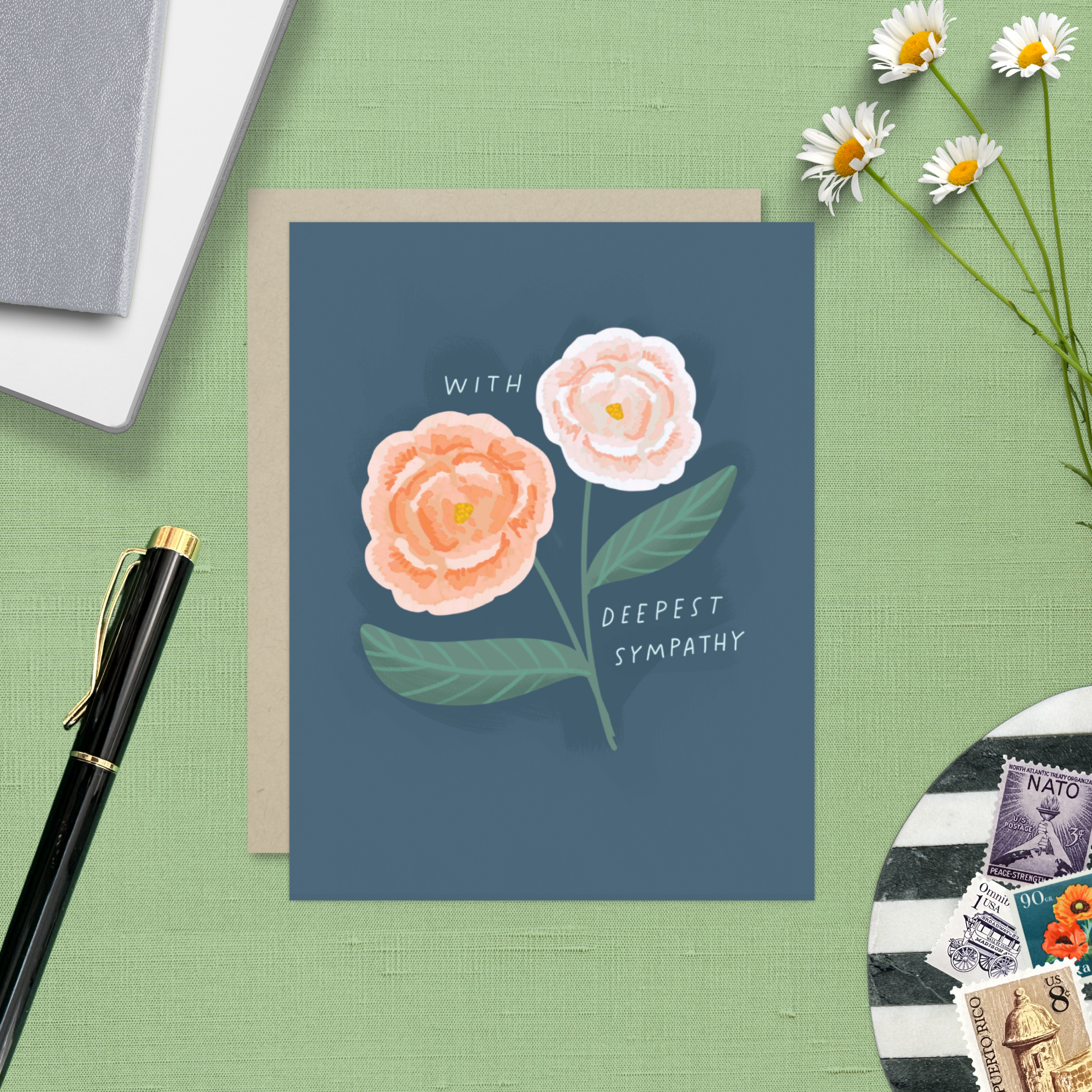 Sympathy greeting card with 2 flowers and 'with deepest sympathy' text