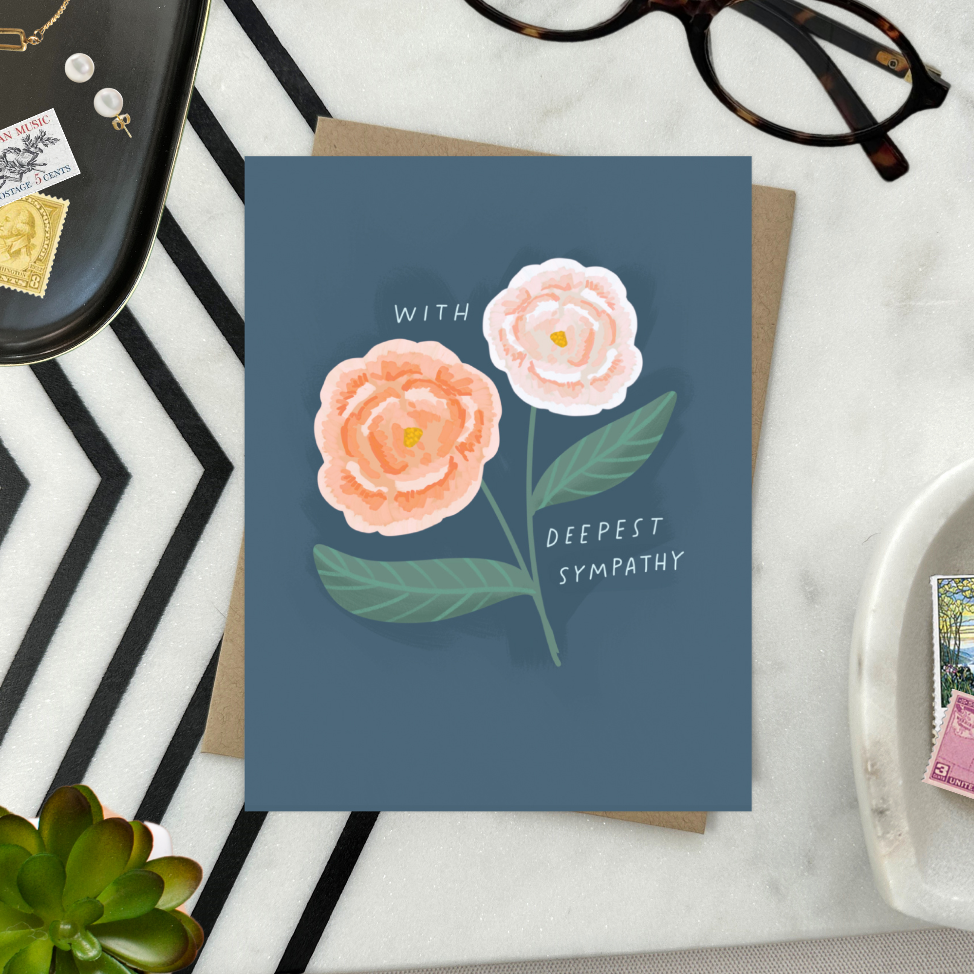 Sympathy greeting card with 2 flowers and 'with deepest sympathy' text