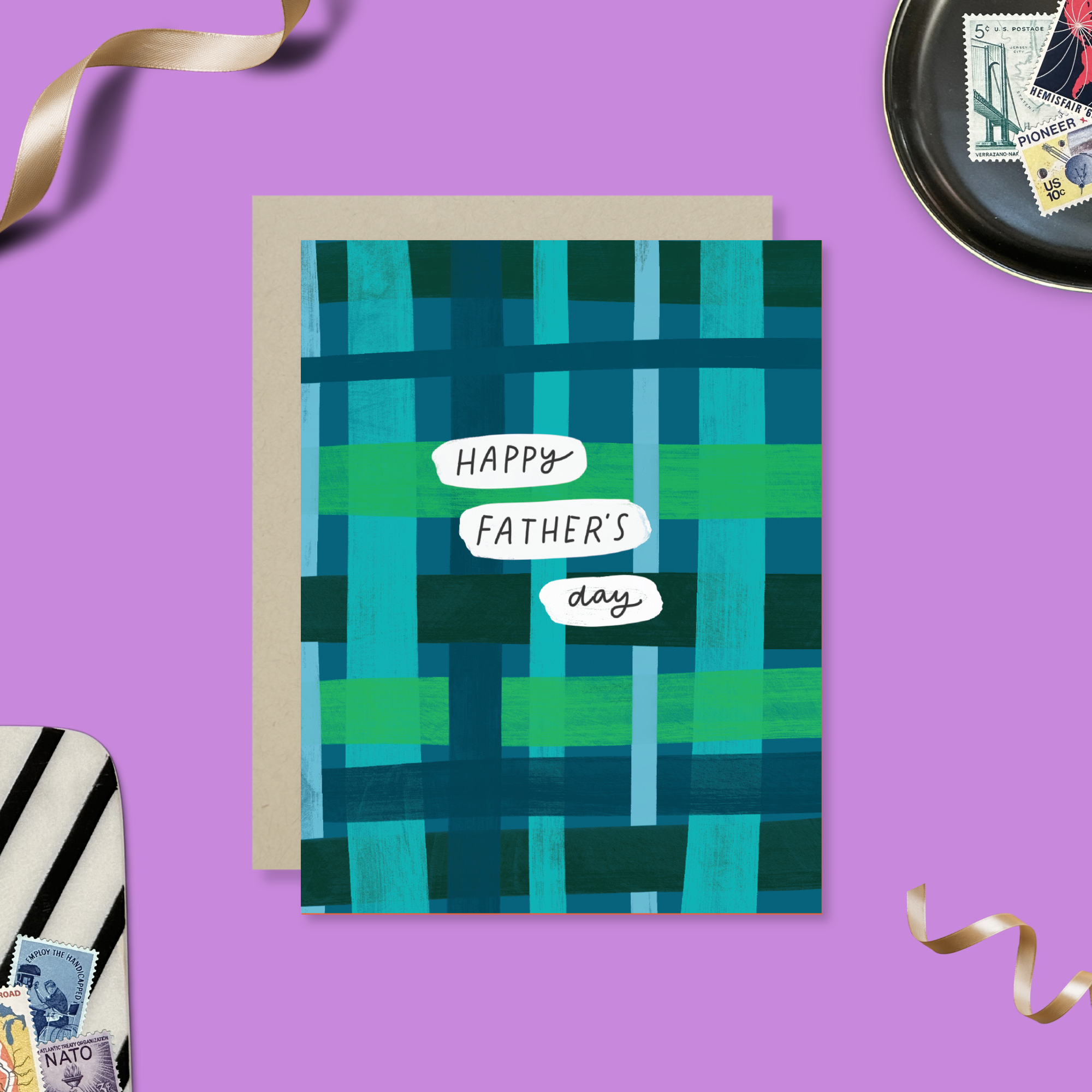 father's day card with plaid background and text 'happy father's day'