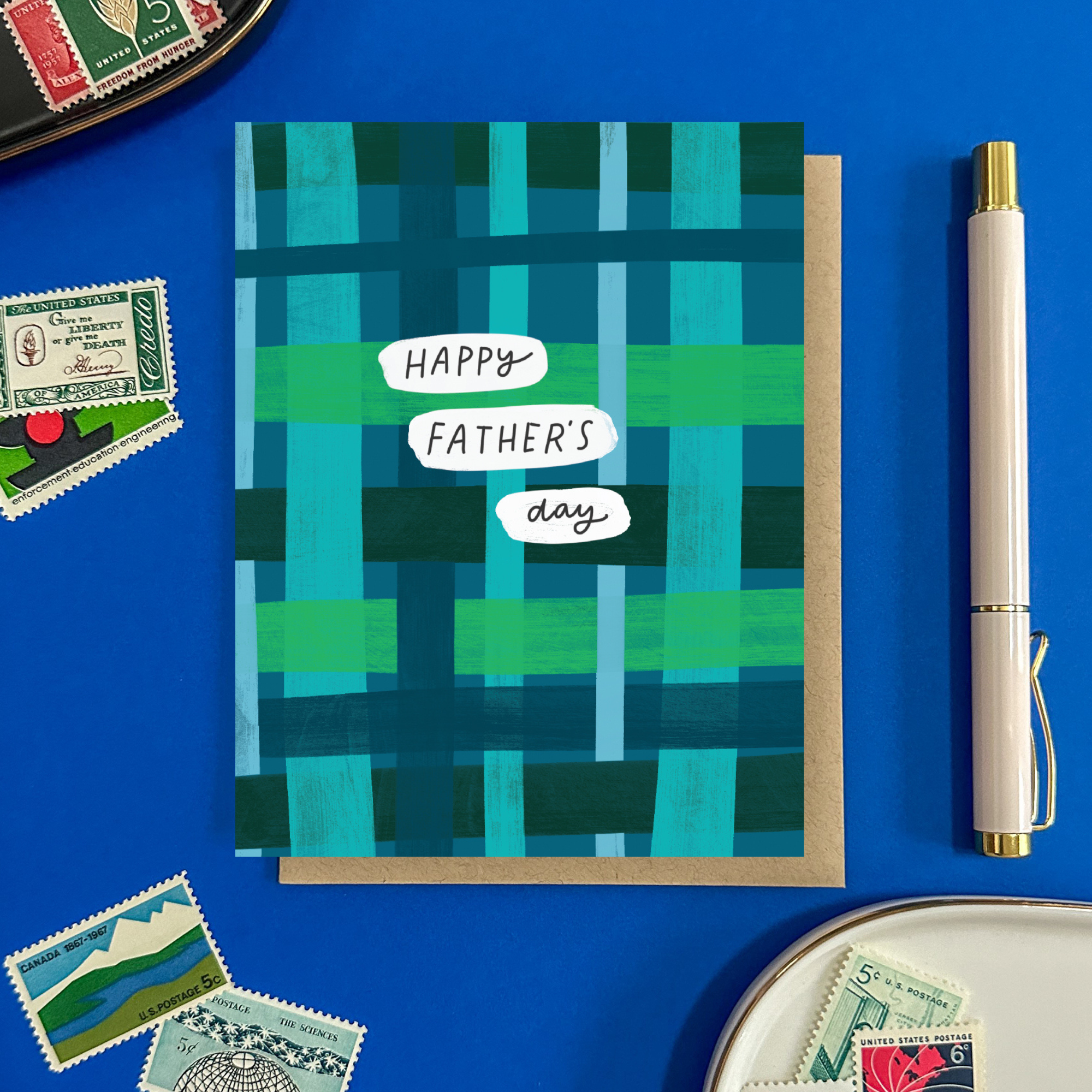 father's day card with plaid background and text 'happy father's day'
