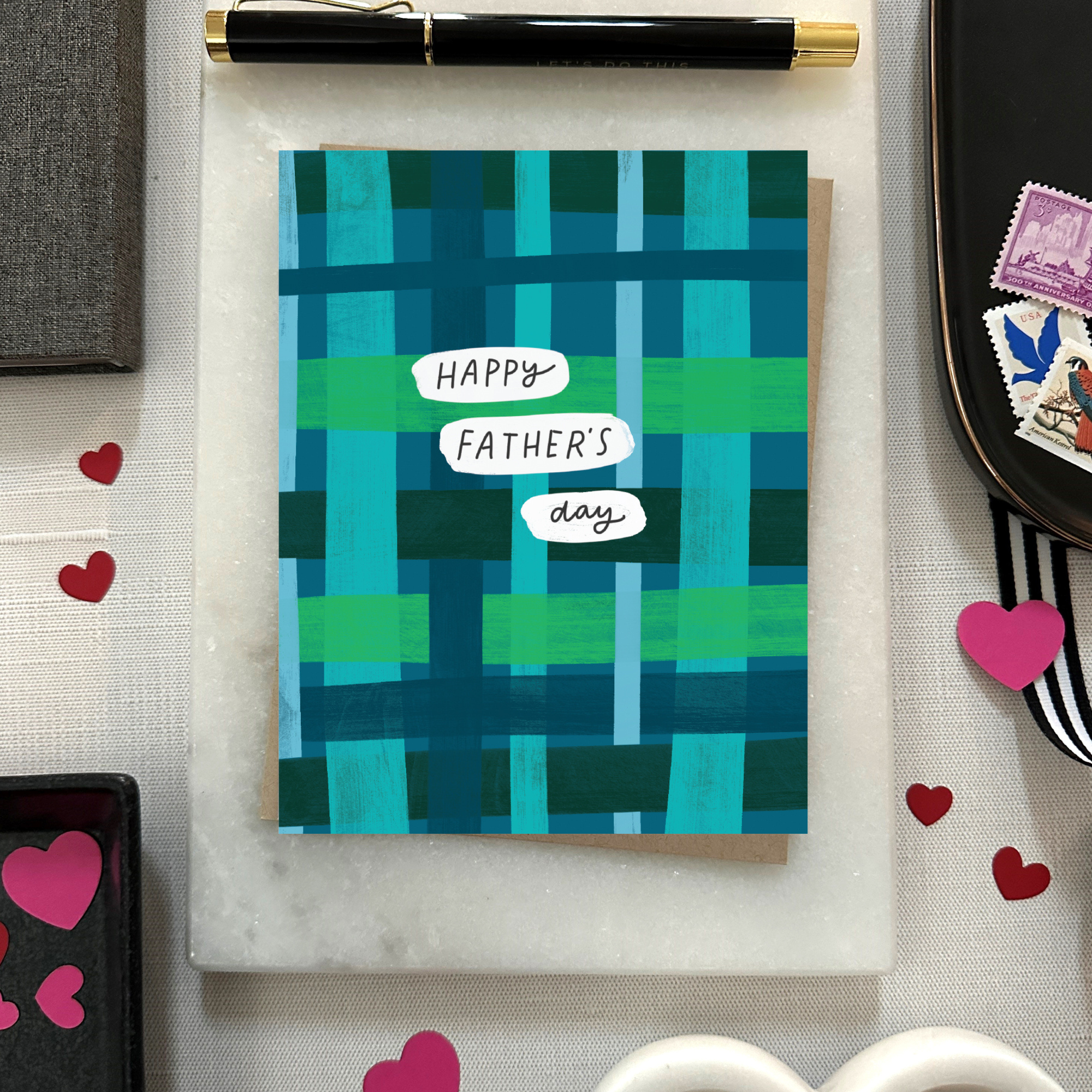 father's day card with plaid background and text 'happy father's day'