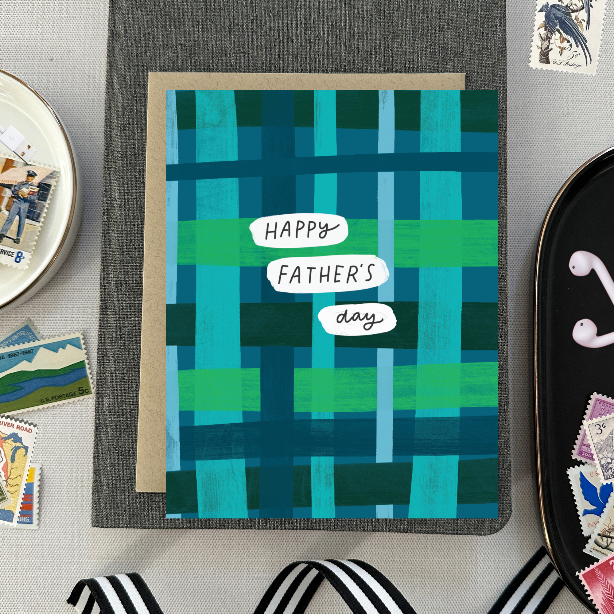 father's day card with plaid background and text 'happy father's day'